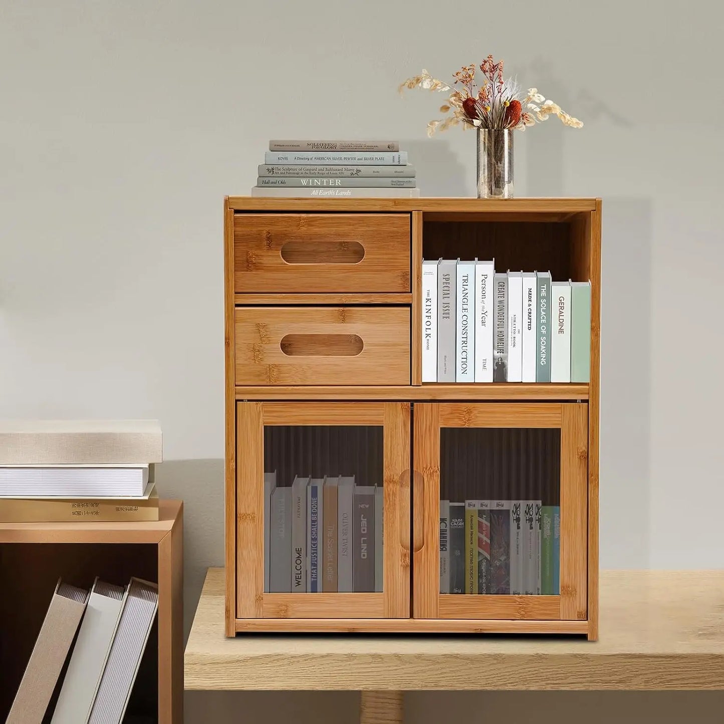 Bymaocar Bamboo Kitchen Pantry Cabinet Bread Box With 2 Drawers
