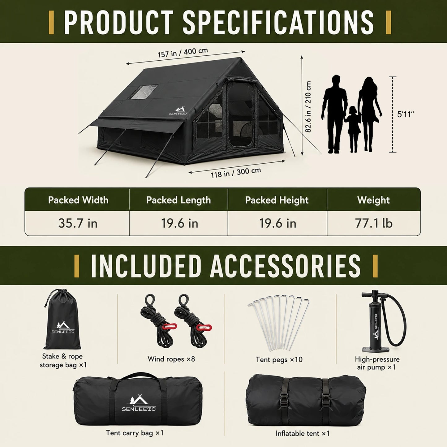 Senleeto Inflatable Family Camping Tent With Rainfly And Stove Jack