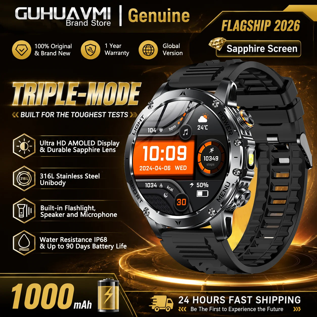 Outdoor Sports Smartwatch With Heart Rate Blood Oxygen IP68 Waterproof