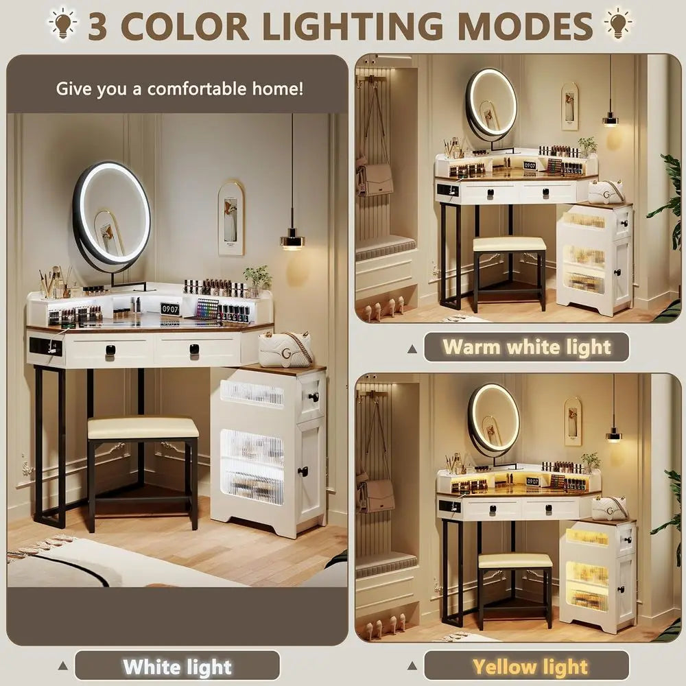 Modern Vanity Desk With Lighting And Charging Station For Makeup