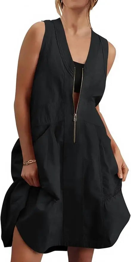 Fisoew Women Sleeveless V Neck Summer Dress Mesh Back Pockets