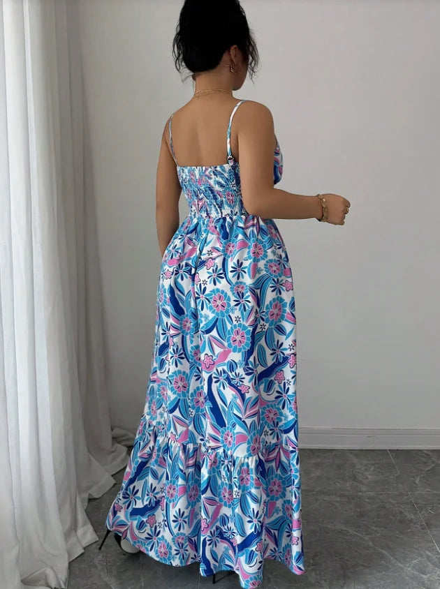 Womens Elegant Floral Camisole Dress Sleeveless Loose Fit Polyester Style