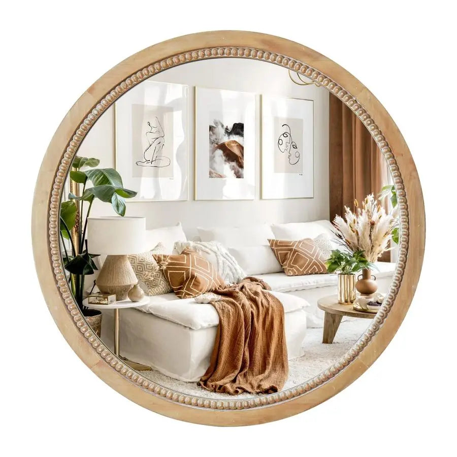Round Wood Mirror With Rustic Farmhouse Natural Wood Frame