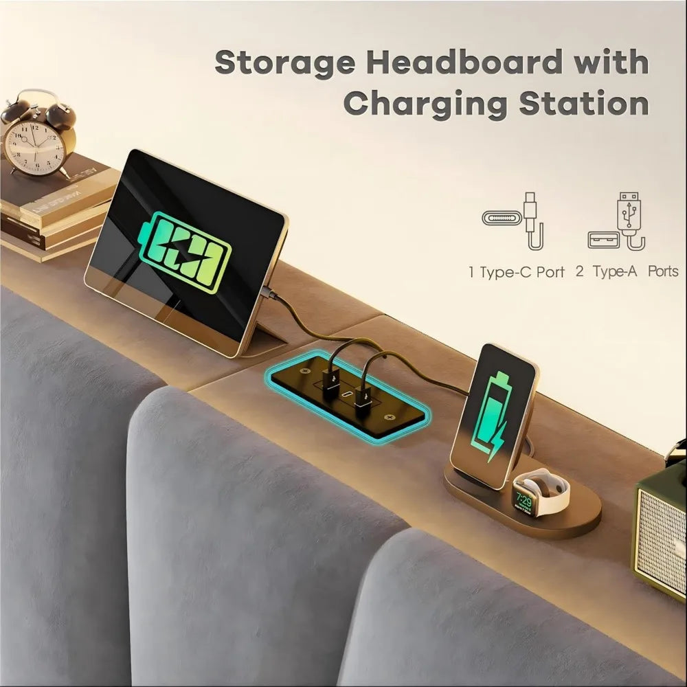 Queen Bed Frame With Headboard USB Charging LED Lights