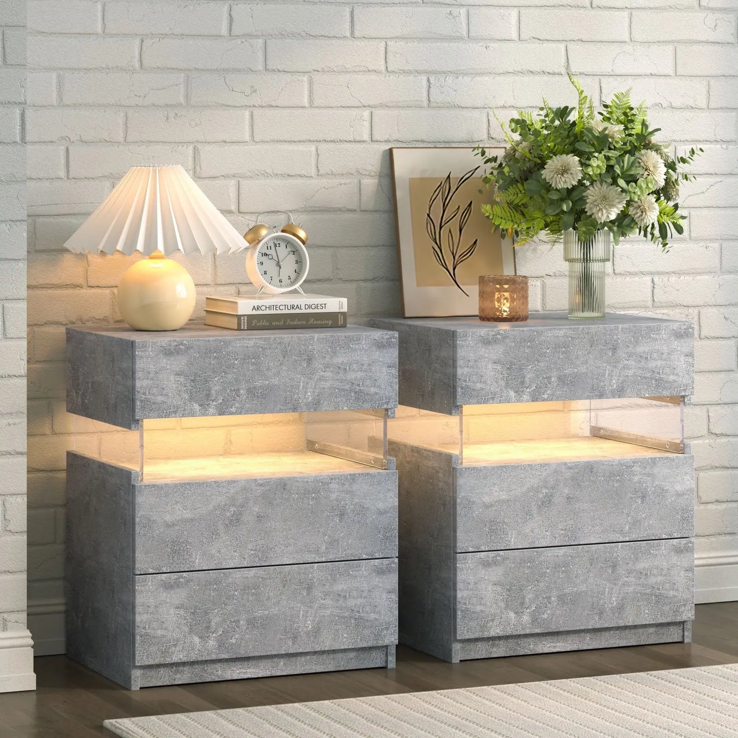 Cubehom Bedside Tables Set With LED Lighting For Bedroom
