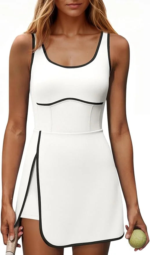 Fisoew Womens Tennis Dress Built In Bra Sleeveless Athletic Sportswear