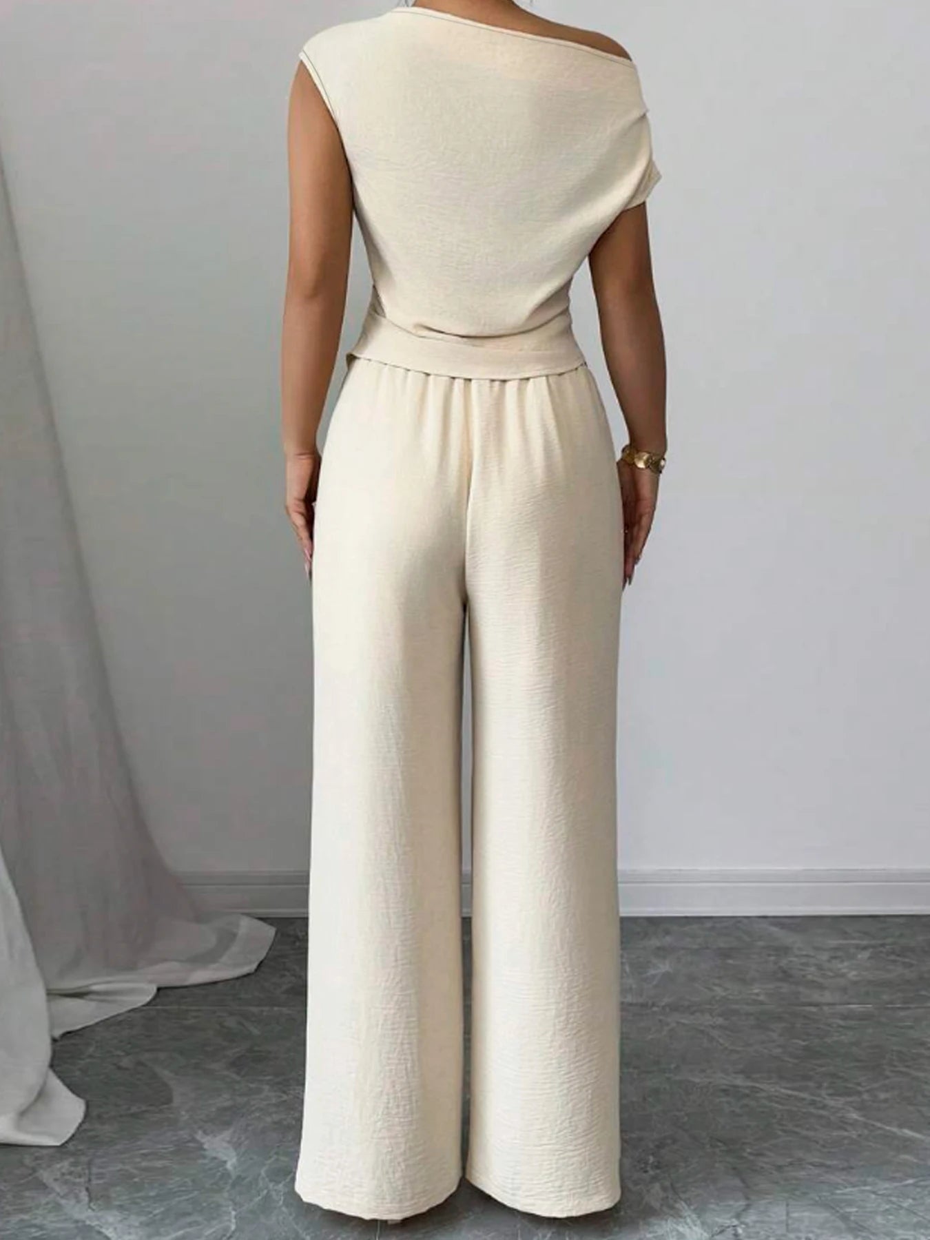Ladies Solid Asymmetric Top Wide Leg Pants Two Piece Polyester Fashion