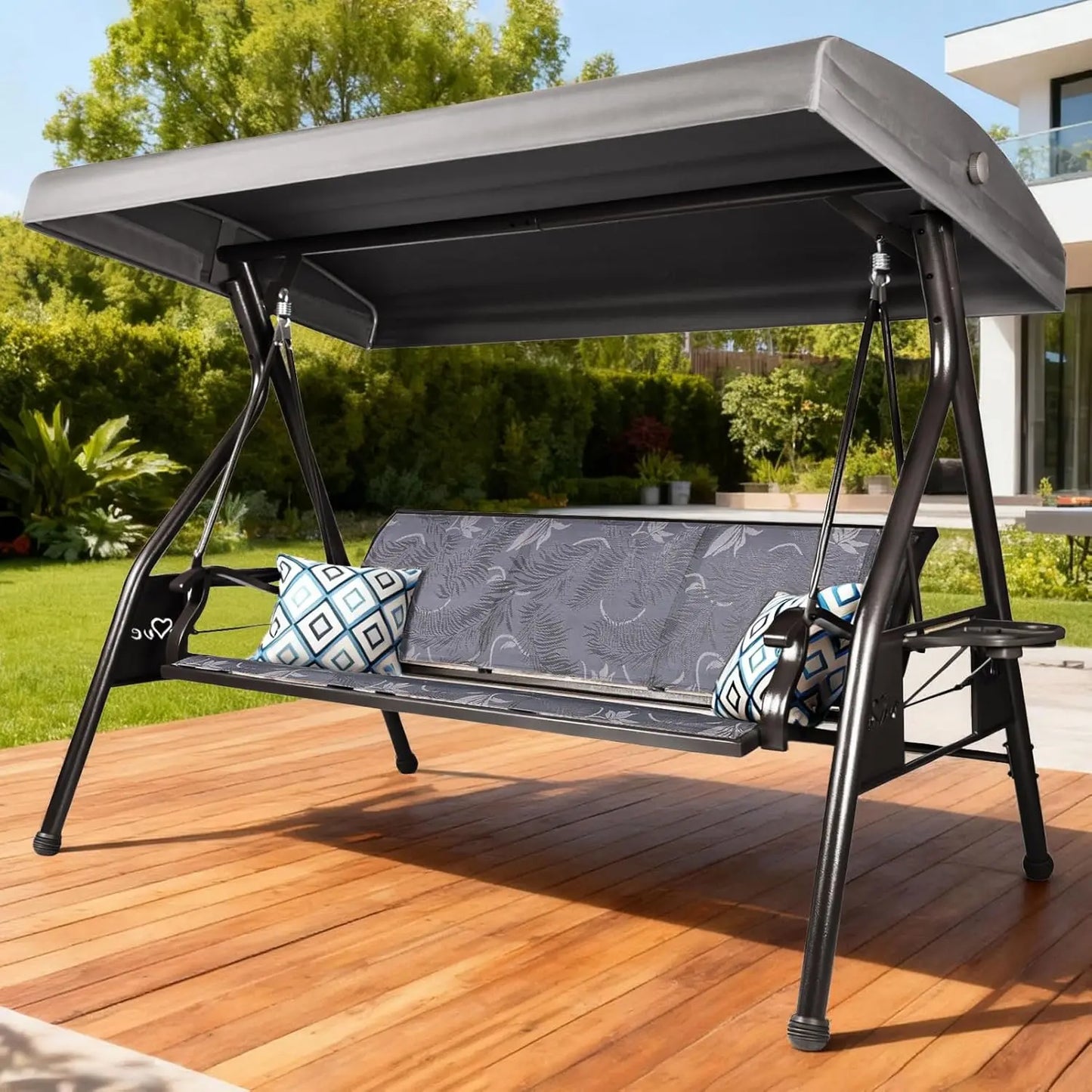 Outdoor 3-Seat Patio Swing Chair With Adjustable Cup Holders