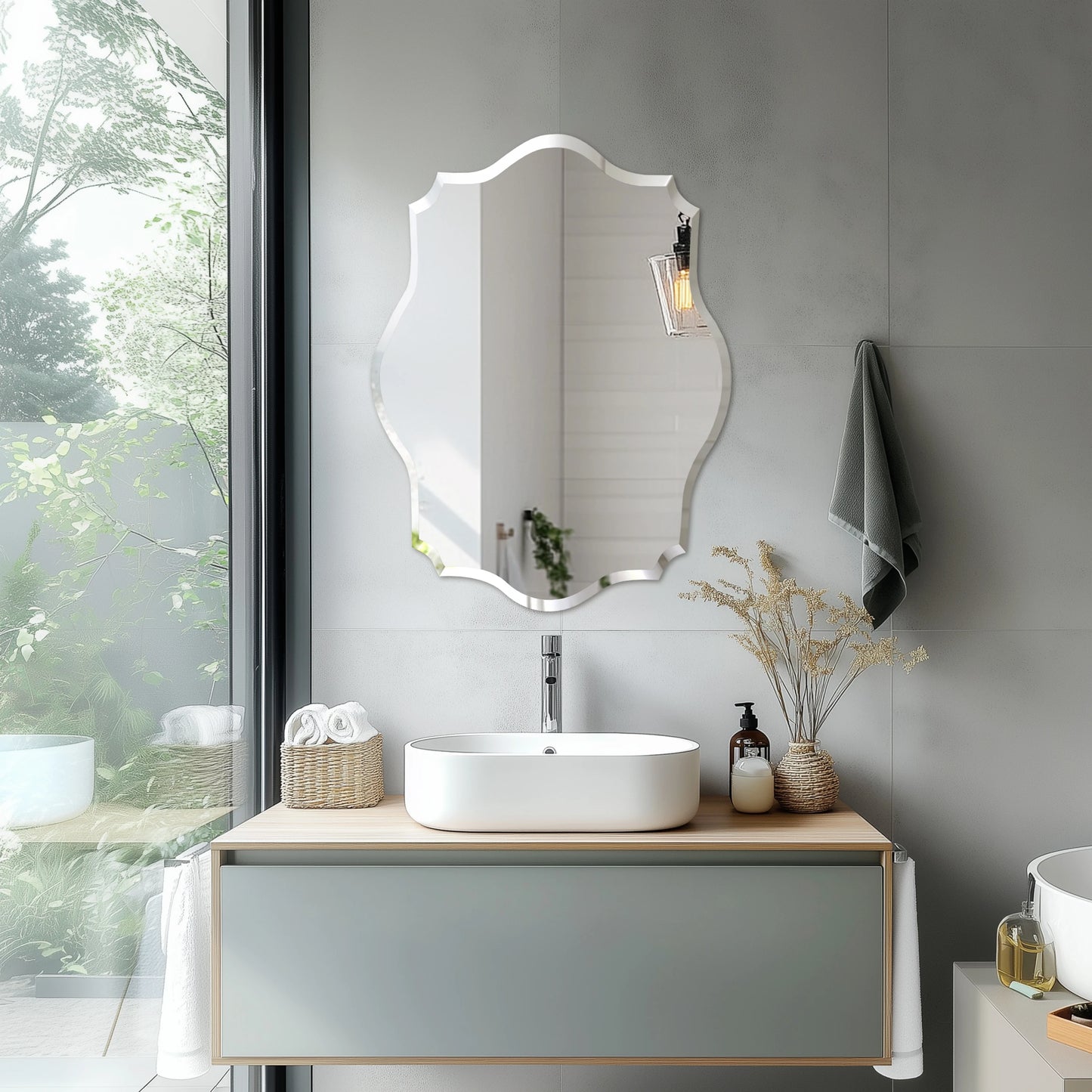 Wisfor Wall Mirror Scalloped Frameless Beveled Edge For Bathroom