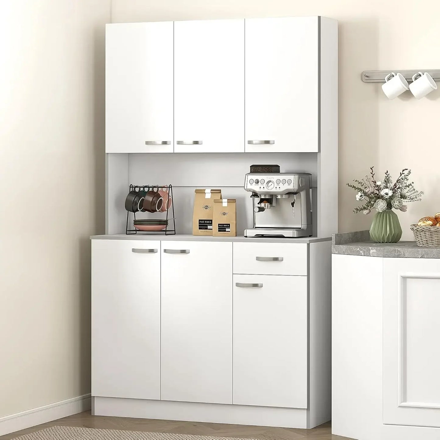 Kitchen Pantry Cabinet With Microwave Stand And Tall Hutch Doors