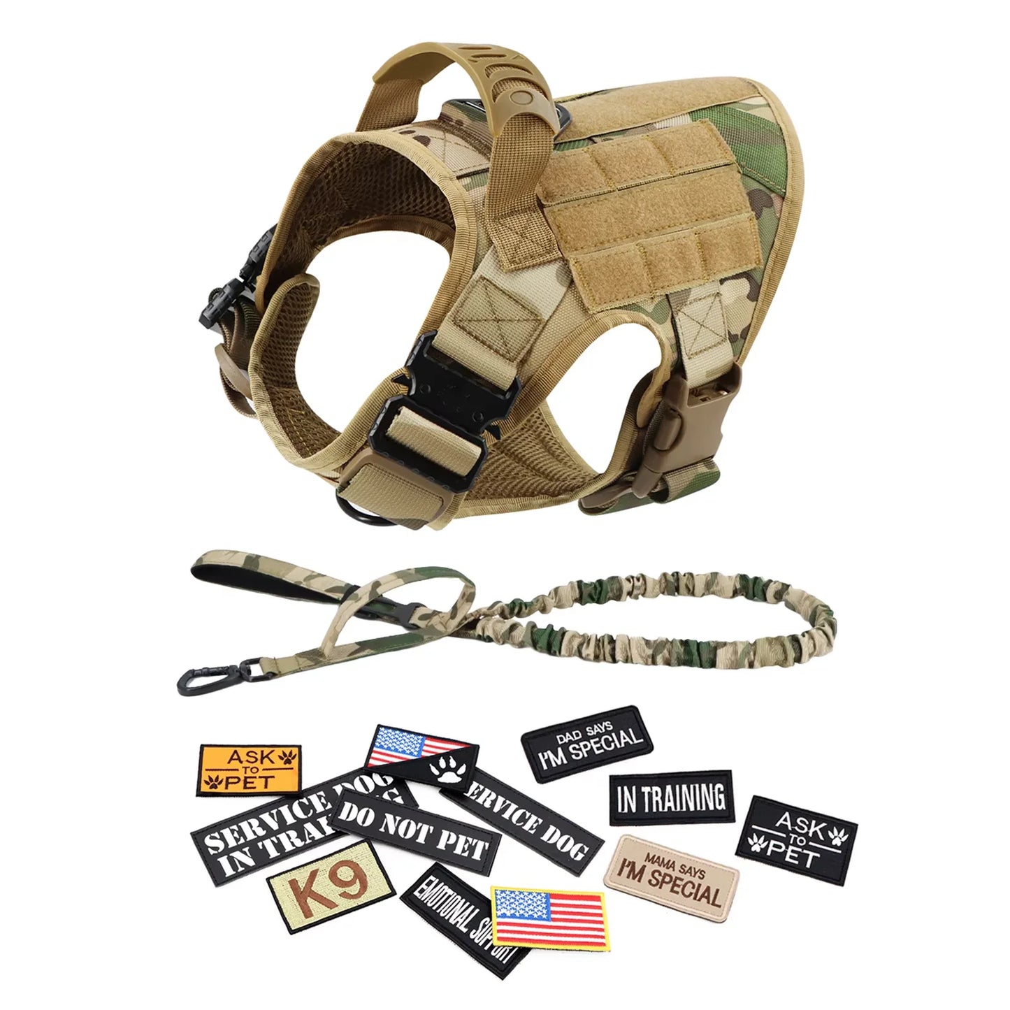 Military Large Dog Harness Vest Set With Leash And Patches