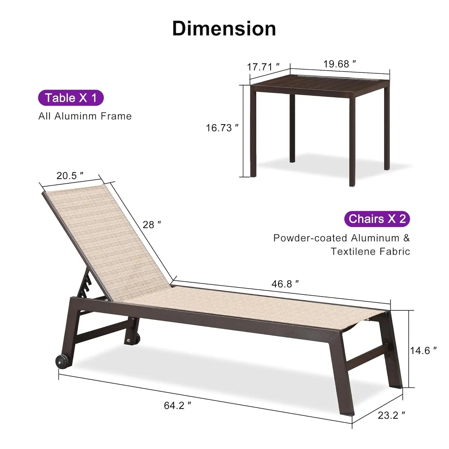 XIAOLANG Outdoor Chaise Lounge Set With Adjustable Backrest And Wheels