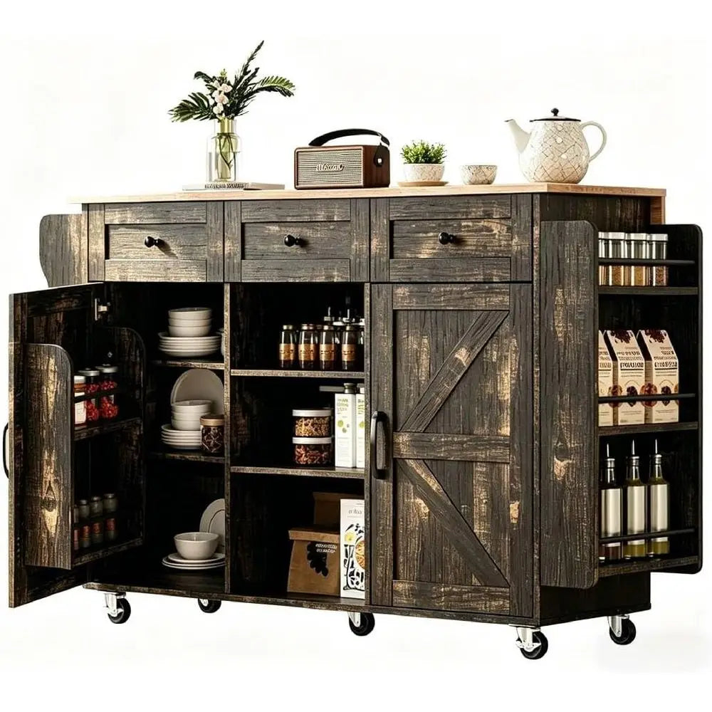 Rolling Kitchen Island Cart 3 Drawers Shelves Drop Leaf Towel And Spice Racks