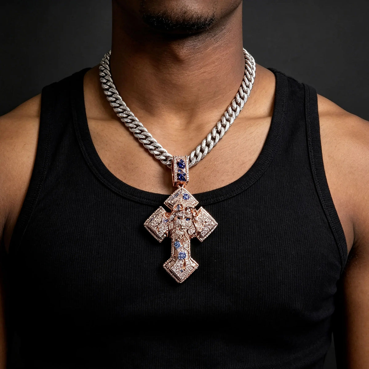 LYEE CYEE Blue Flower Cross Pendant Necklace With Zirconia