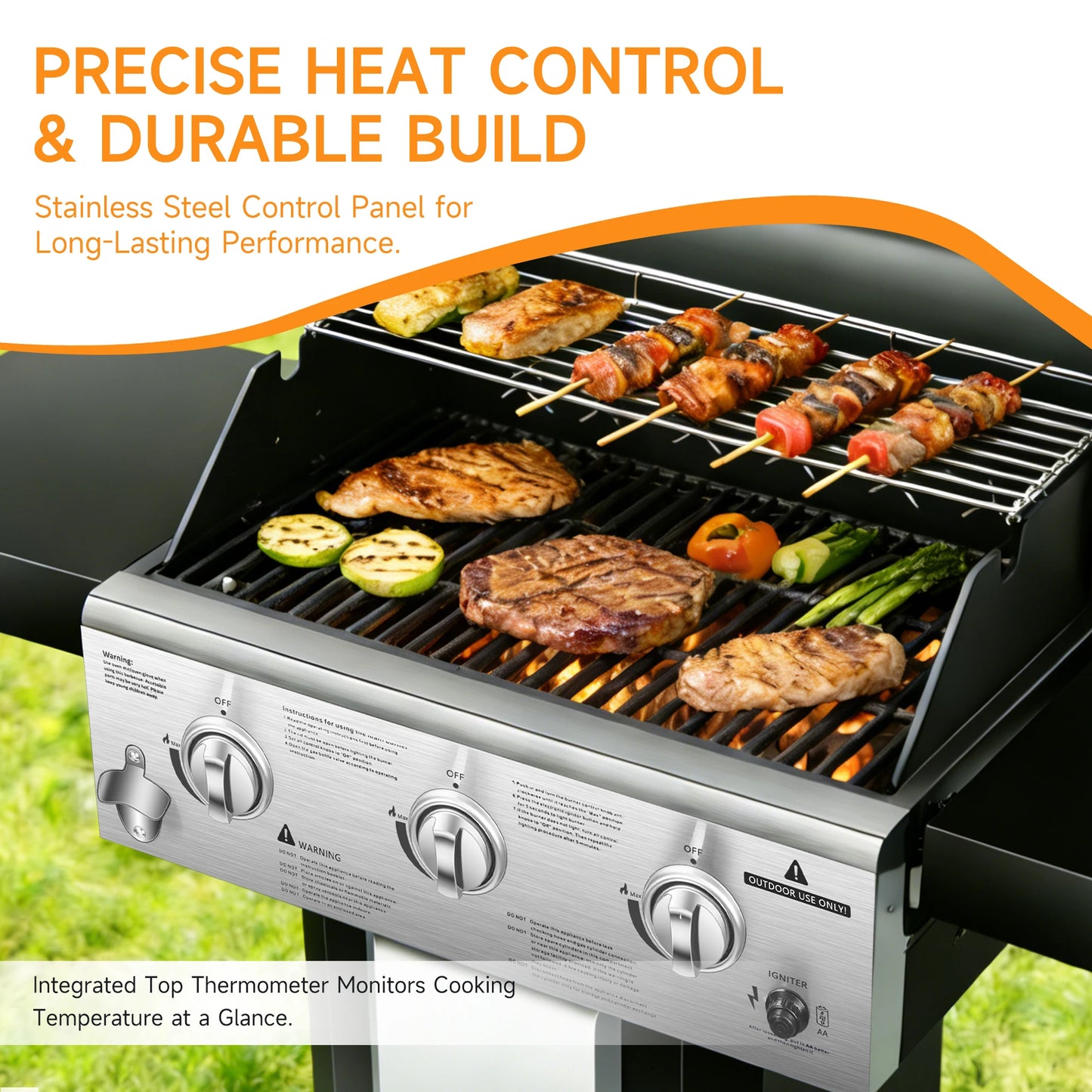 Propane 3 Burner Gas Grill With Warming Rack And Wheels