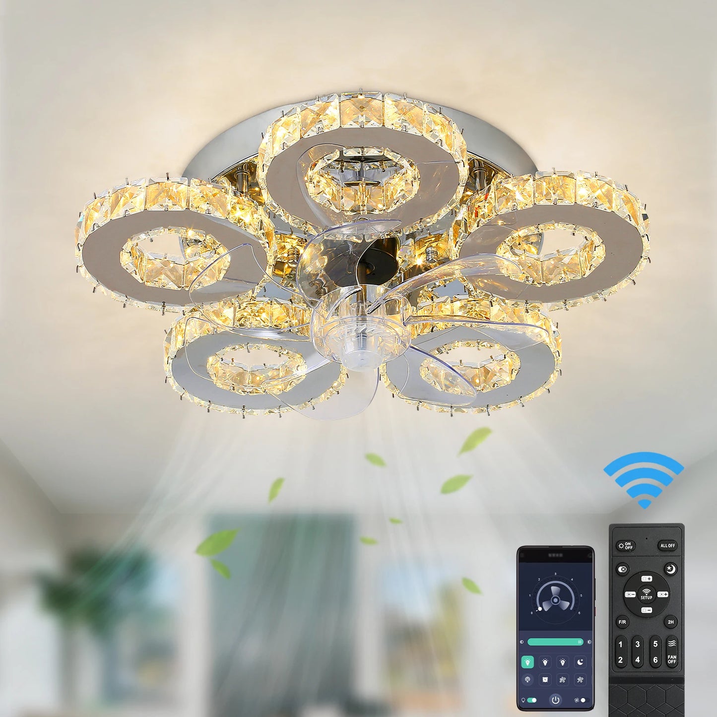 Vetrulus Smart Crystal LED Ceiling Fan Chandelier With Remote Control