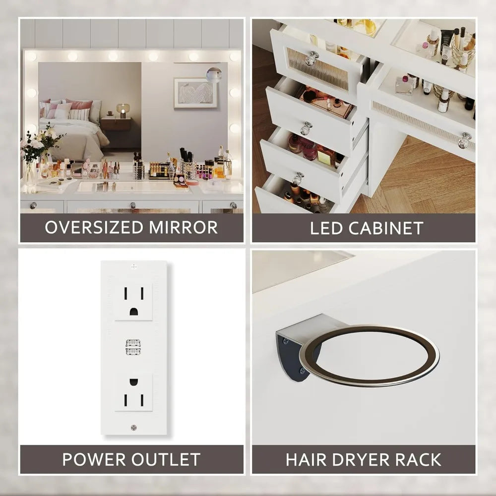 Makeup Vanity Desk With Lights And Large Mirror Glass Top With Charging Station