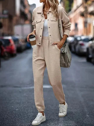 Plus Size Women Checkered Lapel Cardigan Pants Set Office Casual