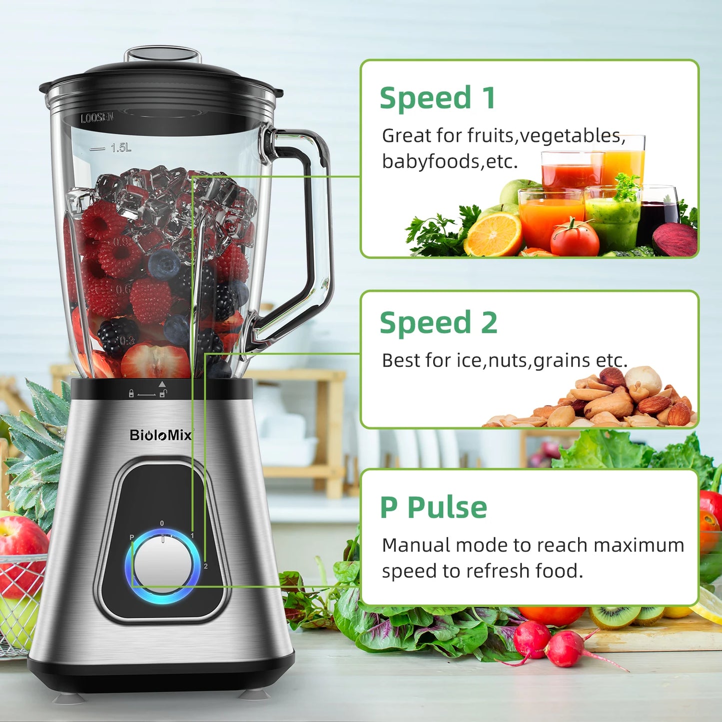 Biolomix 1300W Smoothie Blender With Glass Jar For Frozen Drinks