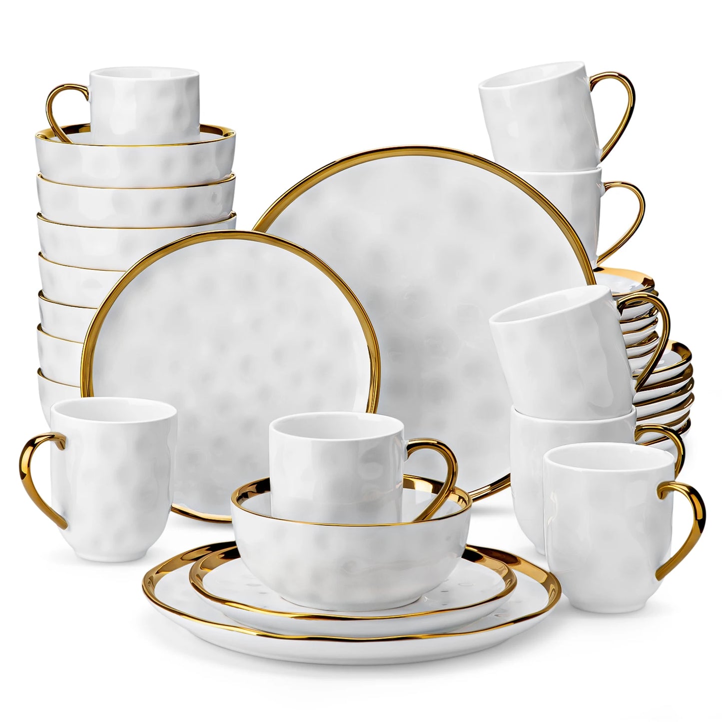 MALACASA White Stoneware Handmade Dinnerware Set With Gold Trim