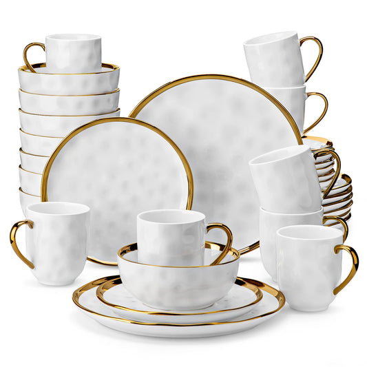 MALACASA White Stoneware Handmade Dinnerware Set With Gold Trim