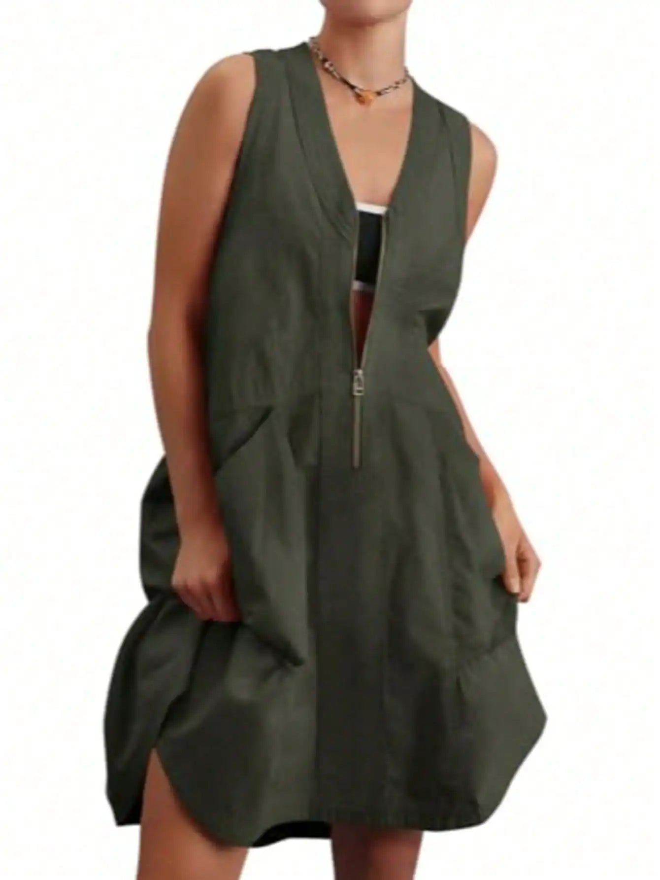 Fisoew Women Sleeveless V Neck Summer Dress Mesh Back Pockets