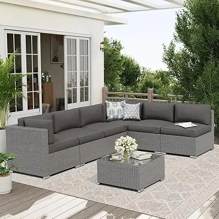 Outdoor Patio Furniture Set Rattan Wicker With Glass Top Table And Cushions