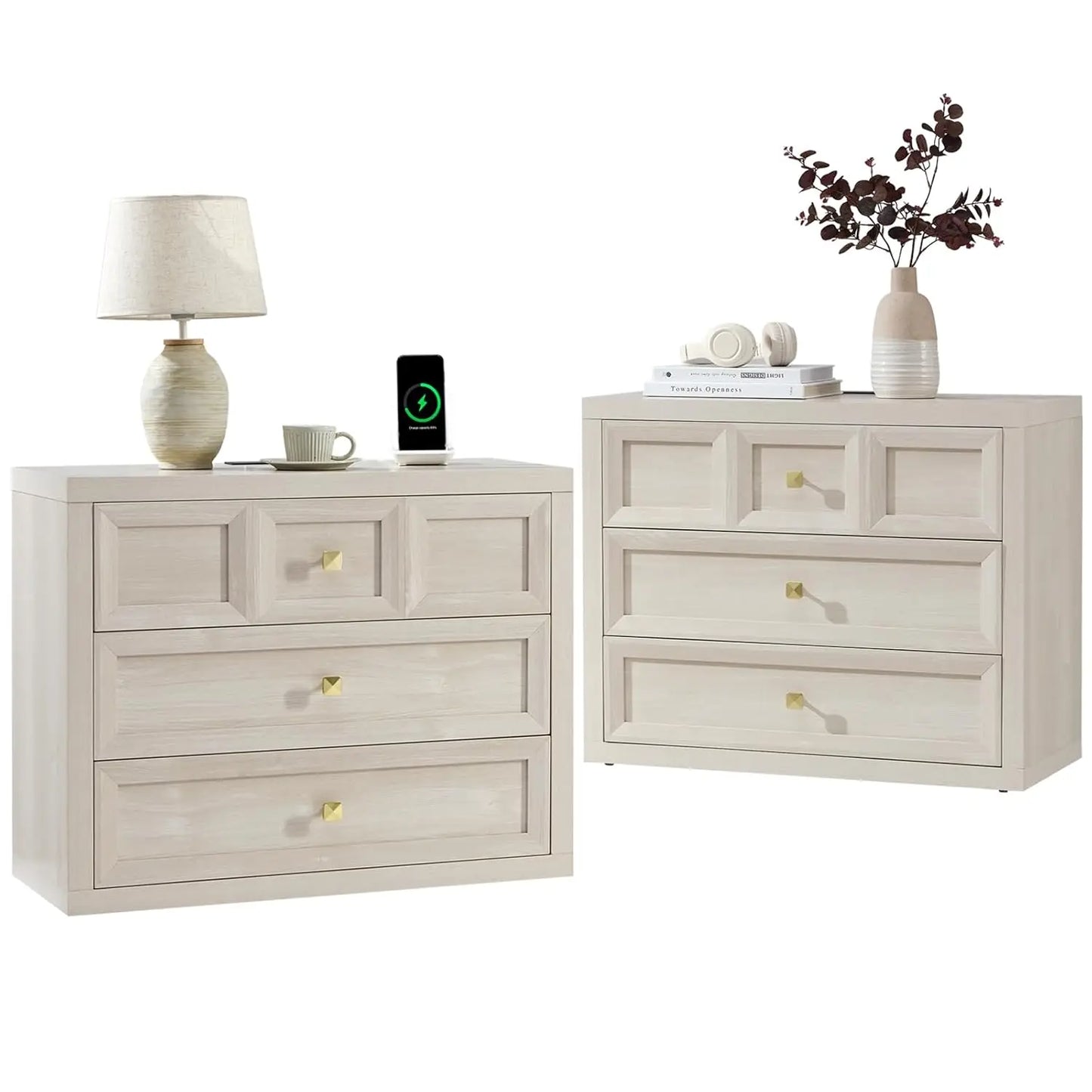 Bedside Nightstand With 3 Drawers And Charging Station
