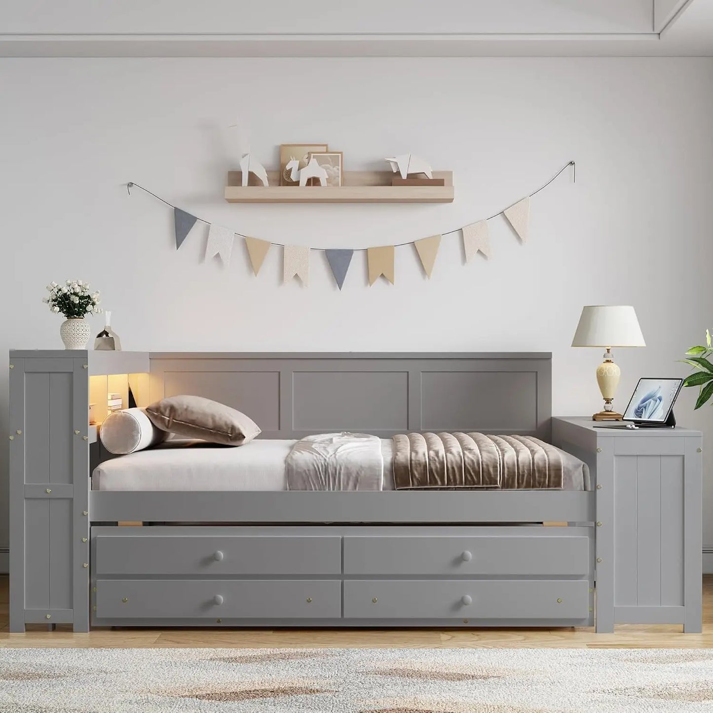 Daybed With Desk, Cabinet And USB Charging Storage