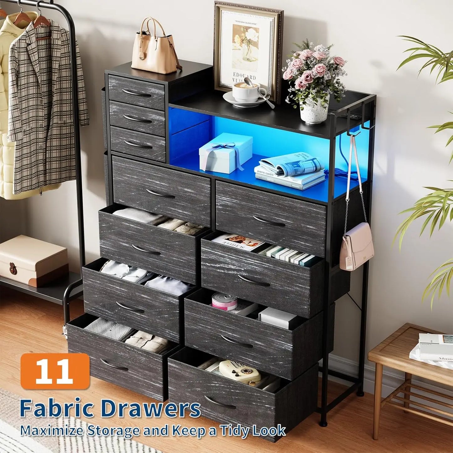 Storage Dresser With 11 Fabric Drawers, LED Lights, Wood Top