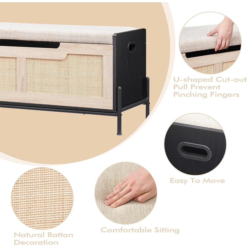 HobbyLane Rattan Storage Bench With Cushioned Seat For Entryway