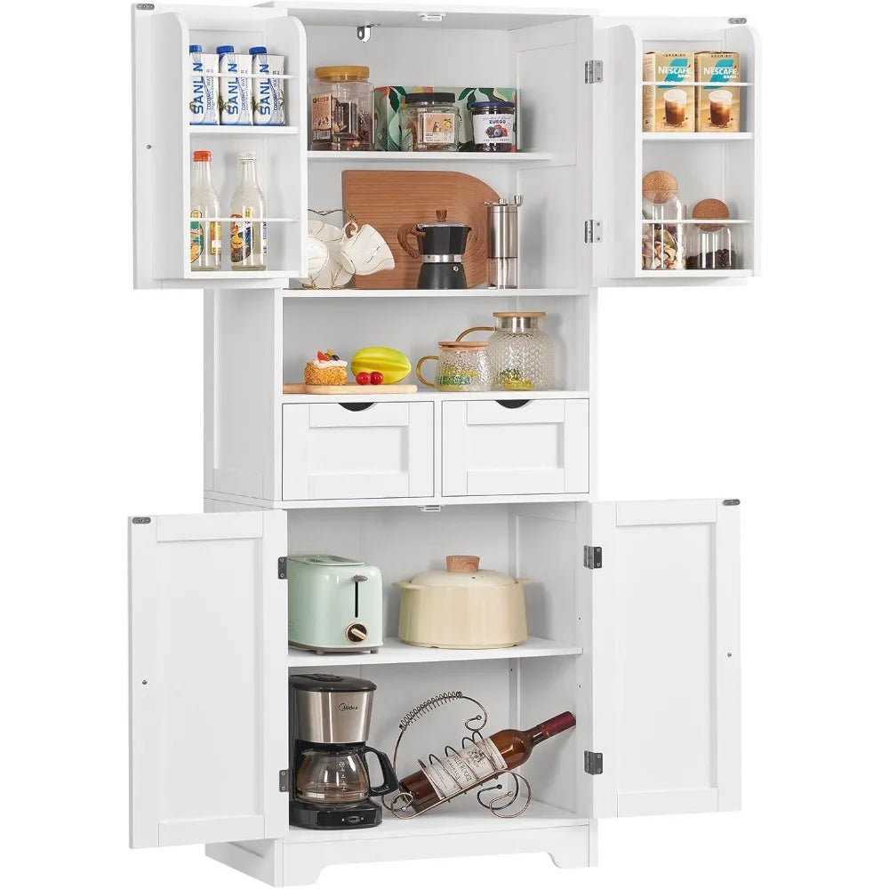 Kitchen Pantry Cabinet With Adjustable Shelves 2 Drawers And 4 Door Shelves