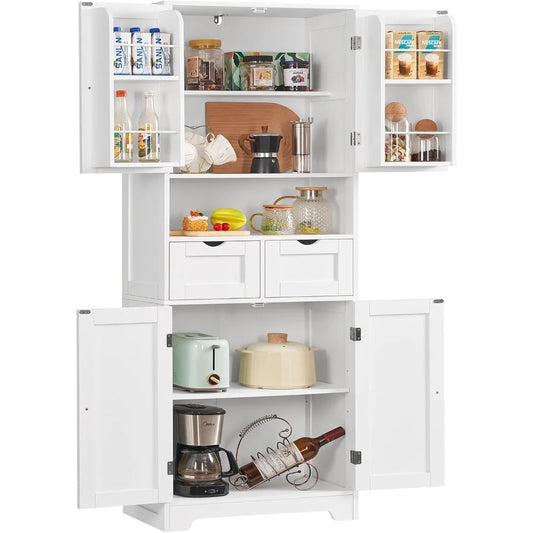 Kitchen Pantry Cabinet With Adjustable Shelves 2 Drawers And 4 Door Shelves