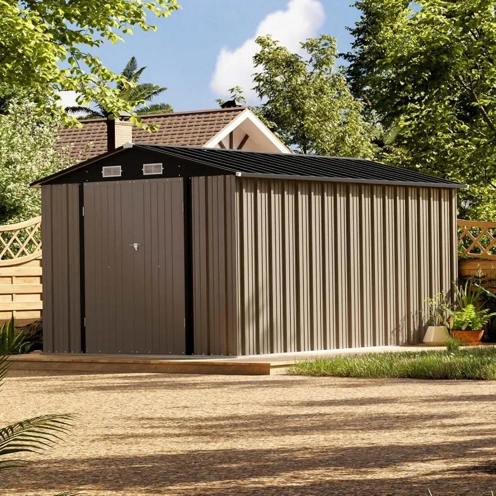 Outdoor Metal Storage Shed With Lockable Doors And Tool Storage