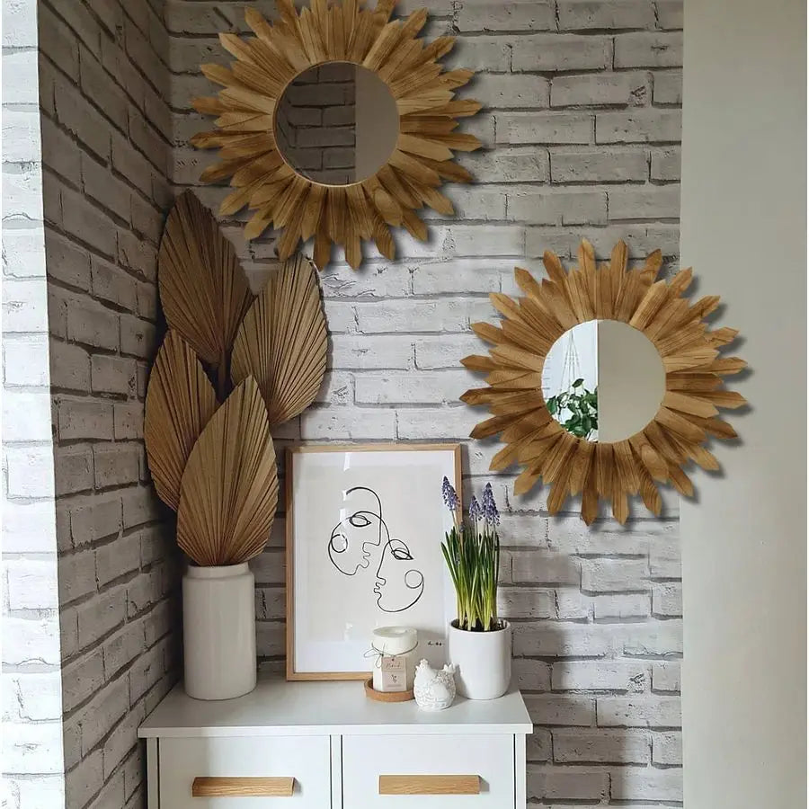Boho Sunburst Wall Mirror Rustic Wood Decor Two Pack