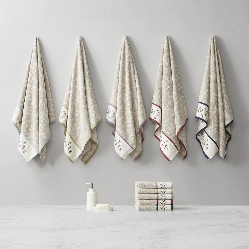 100 Percent Cotton Bath Towel Set With Floral Embroidered Jacquard