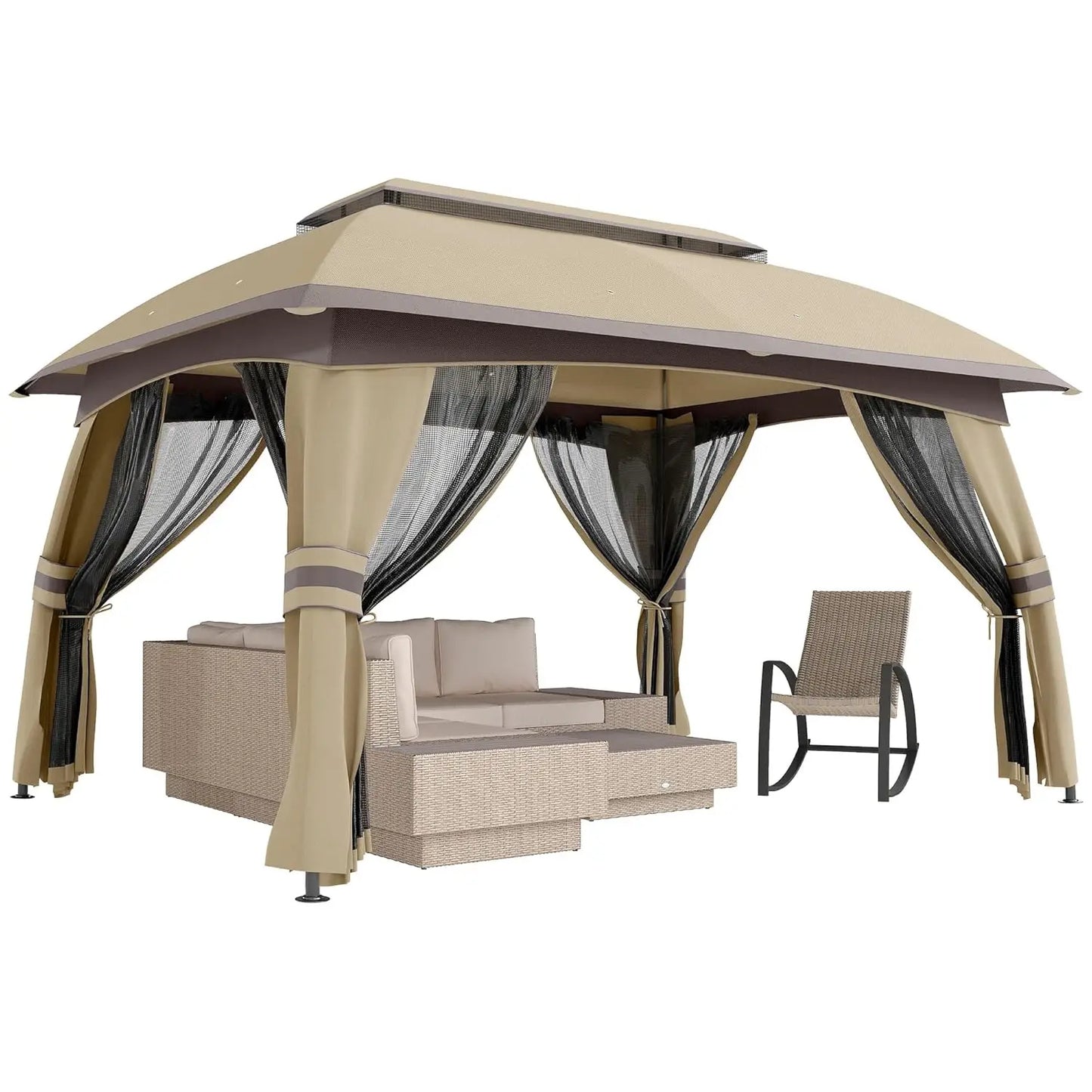 Outdoor Patio Gazebo Shelter With Netting And Vented Roof