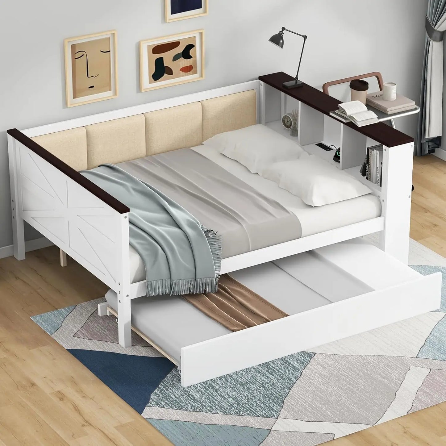 Daybed With Desk, Cabinet And USB Charging Storage