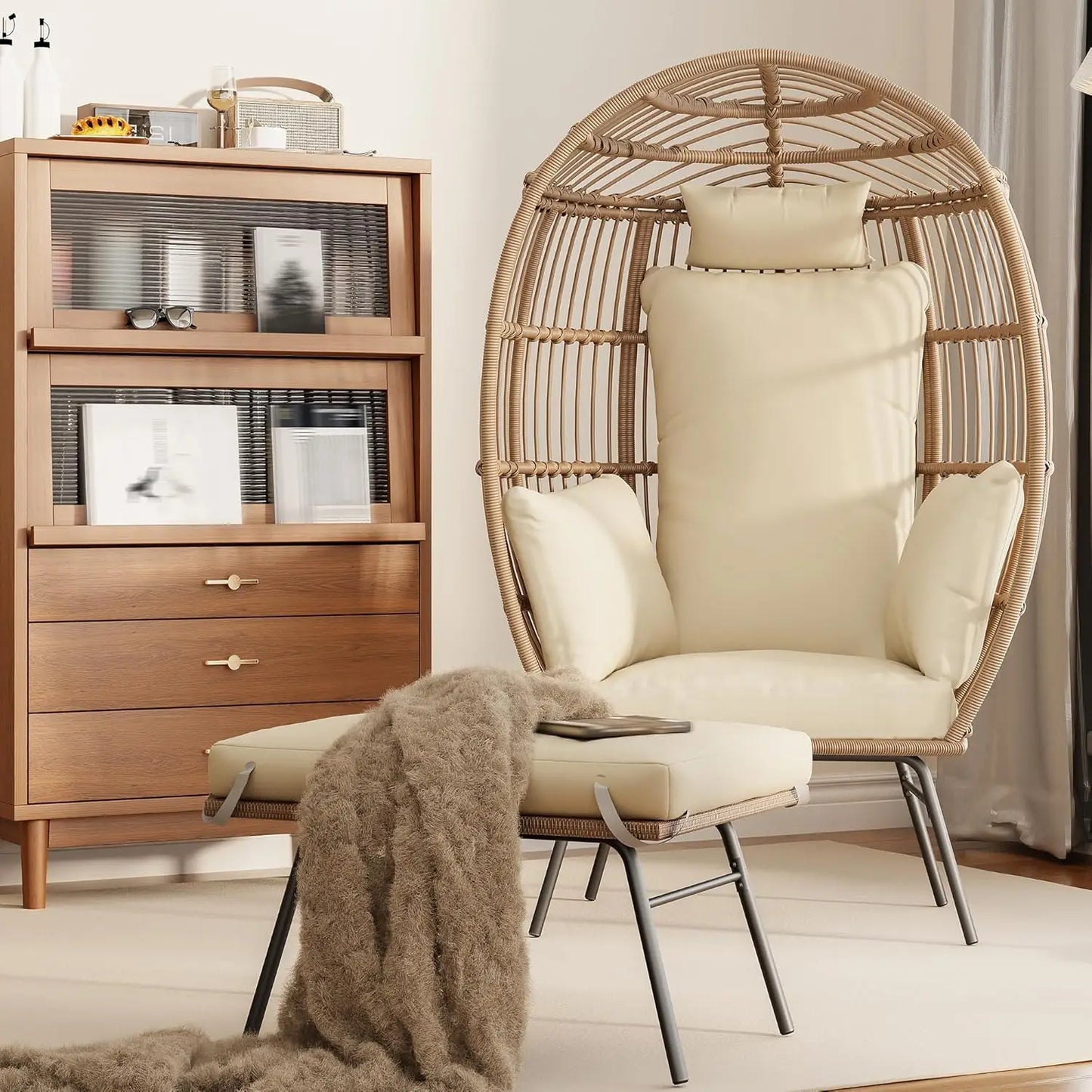 Wicker Egg Chair With Ottoman Outdoor Patio Lounge Cushions