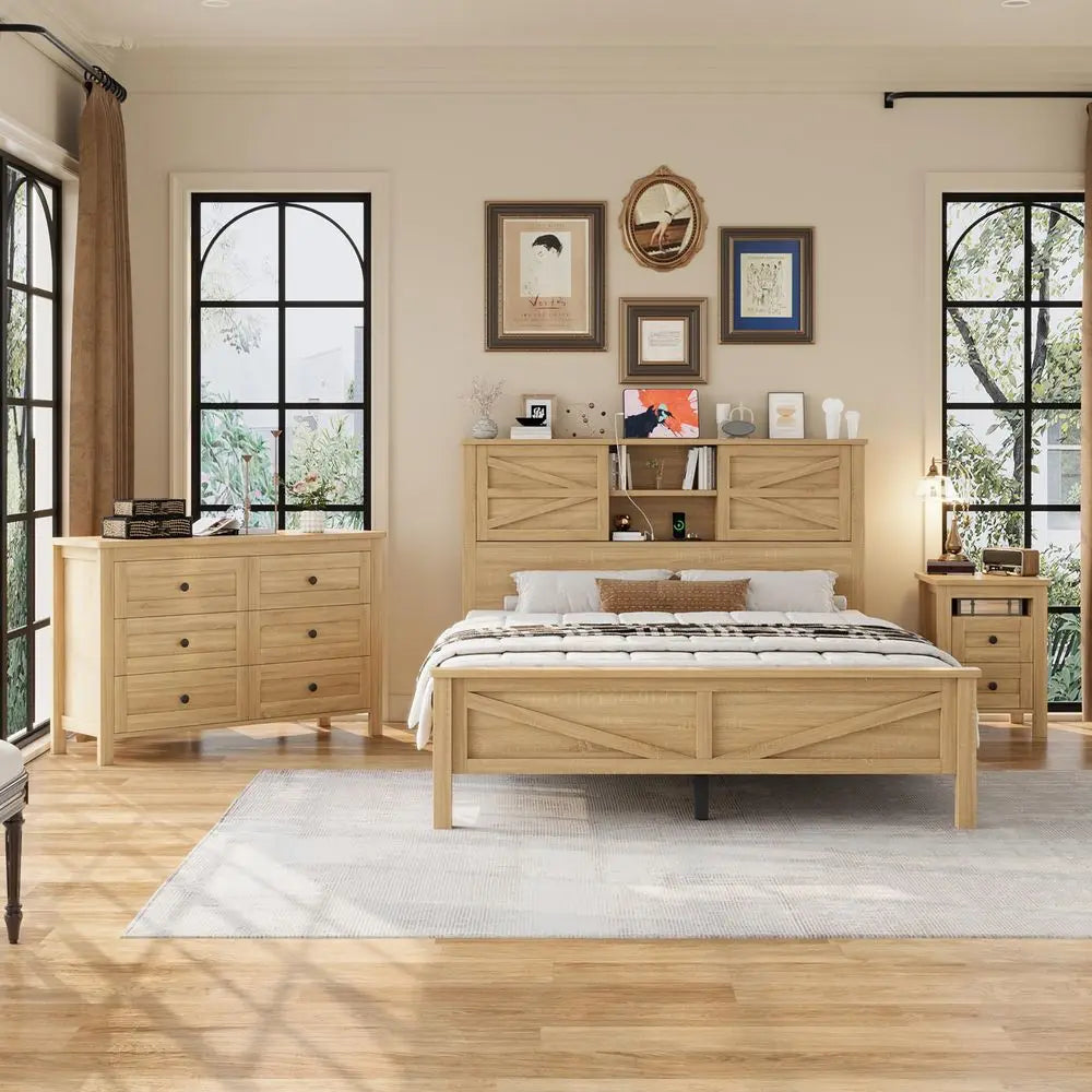 YTYIN Farmhouse Bedroom Set With Platform Bed Nightstand And Dresser