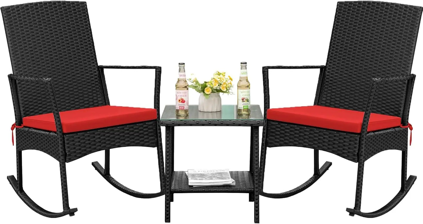 Flamaker Outdoor Rocking Chair Set Rattan Patio Chairs With Glass Table