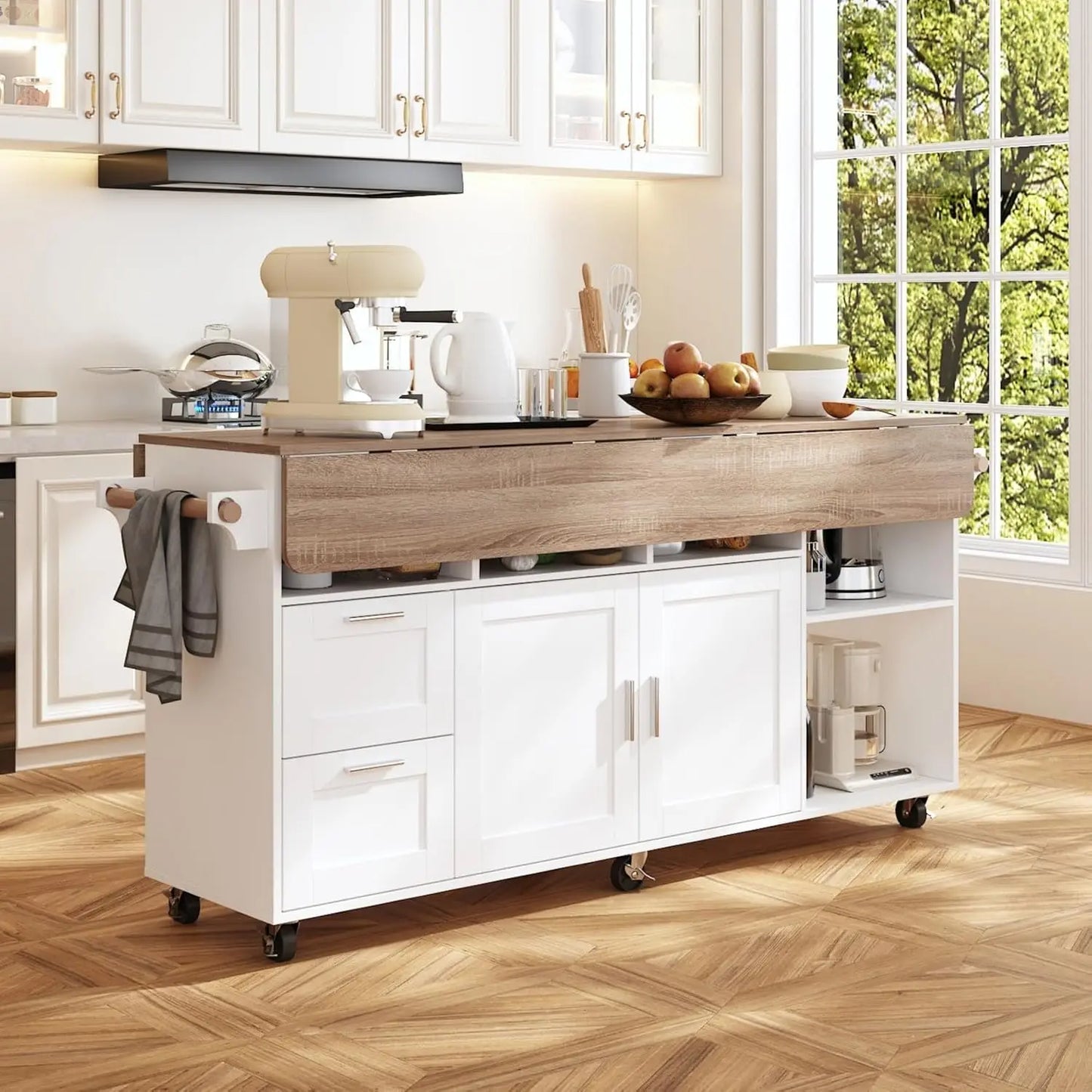 Rolling Kitchen Island Cart With Storage On Wheels Drop Leaf And Two Drawers