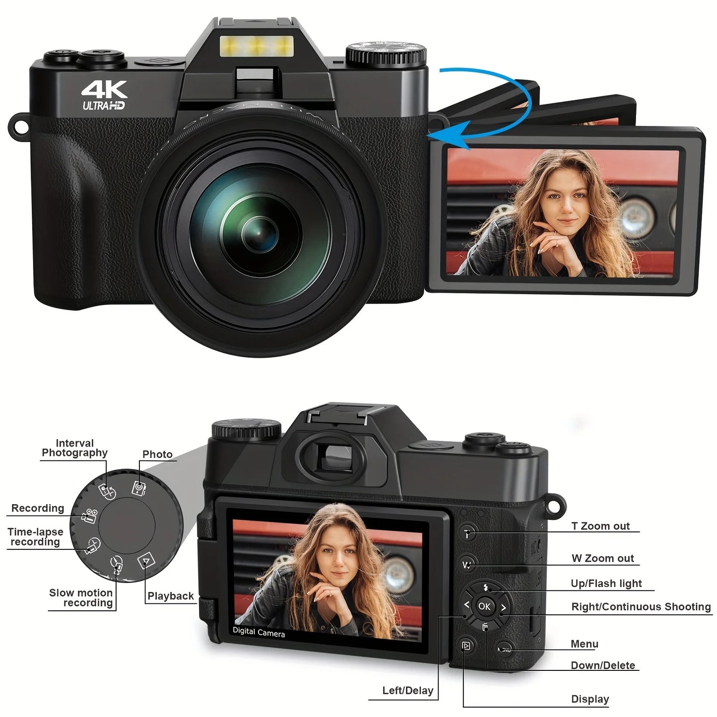 4K Vlogging Camera With 64MP 16x Zoom WiFi Auto Focus