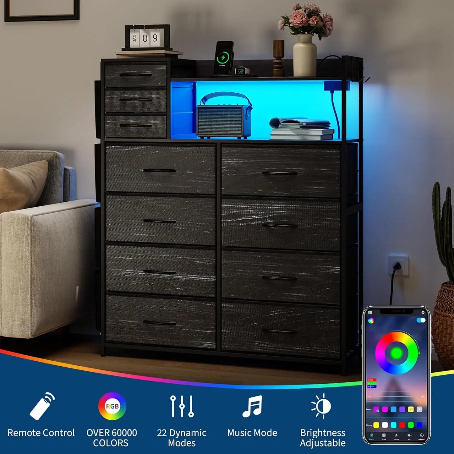 Storage Dresser With 11 Fabric Drawers, LED Lights, Wood Top
