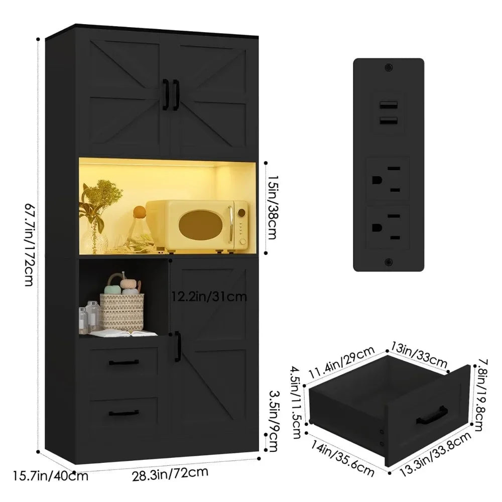 Kitchen Pantry Storage Cabinet With LED Lights And Power Strip