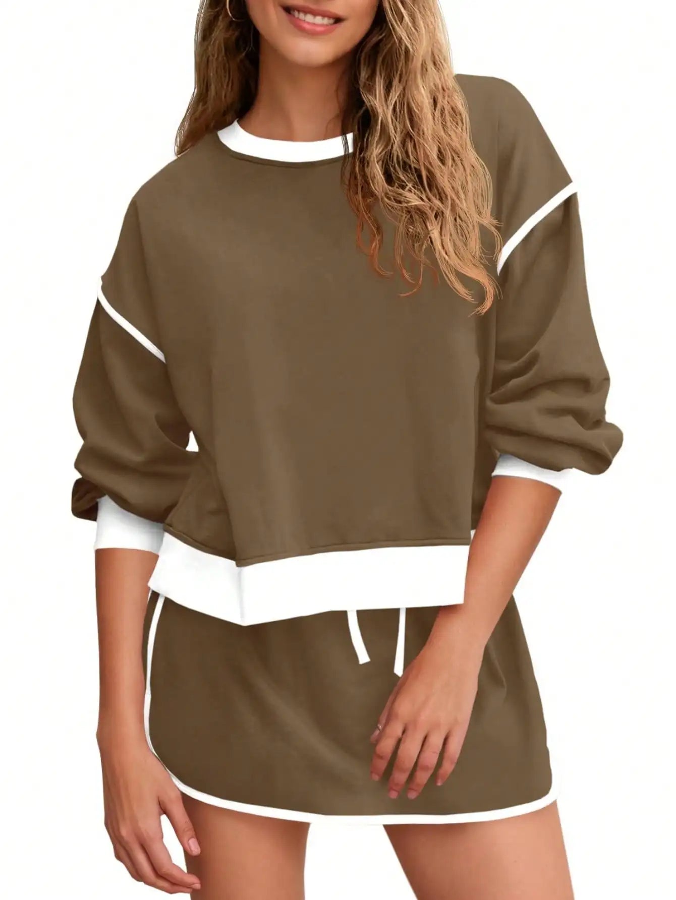 Fisoew Women's 2 Piece Crewneck Sweatshirt Skort Sweatsuit Lounge Set