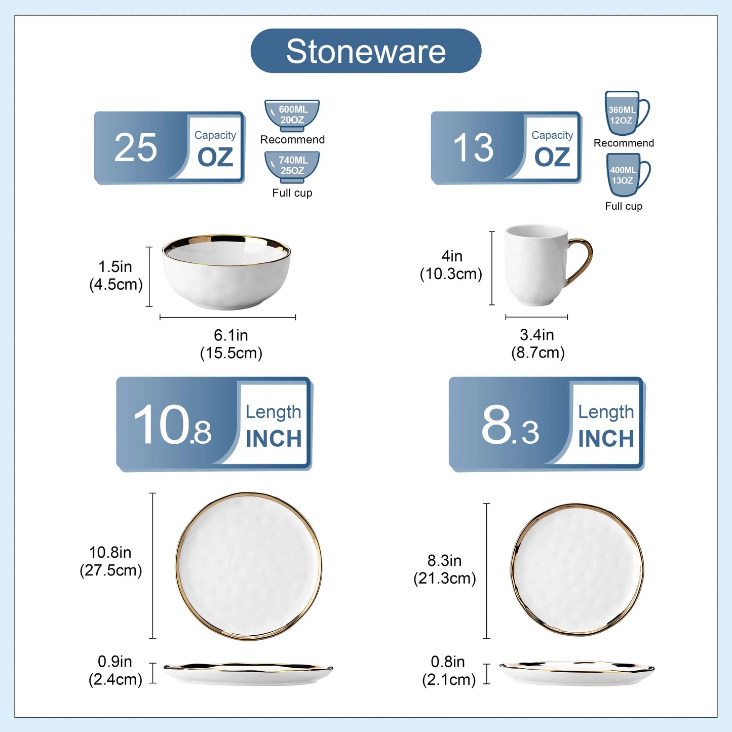 MALACASA White Handmade Stoneware Dinnerware Set With Gold Trim