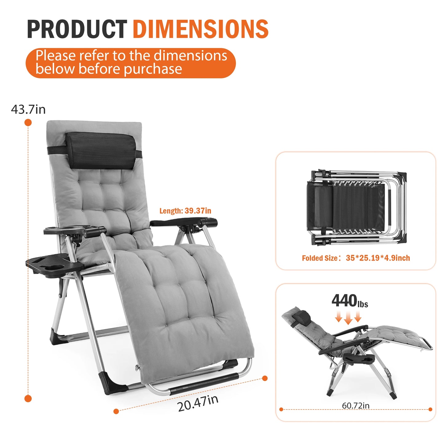 JHK Zero Gravity Reclining Camping Lounge Chair With Tray