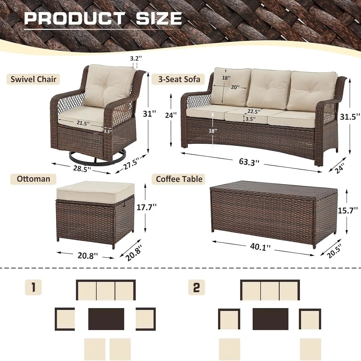 XIAOLANG Wicker Patio Furniture Set With Swivel Chairs and Table