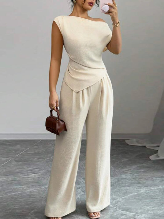 Ladies Solid Asymmetric Top Wide Leg Pants Two Piece Polyester Fashion